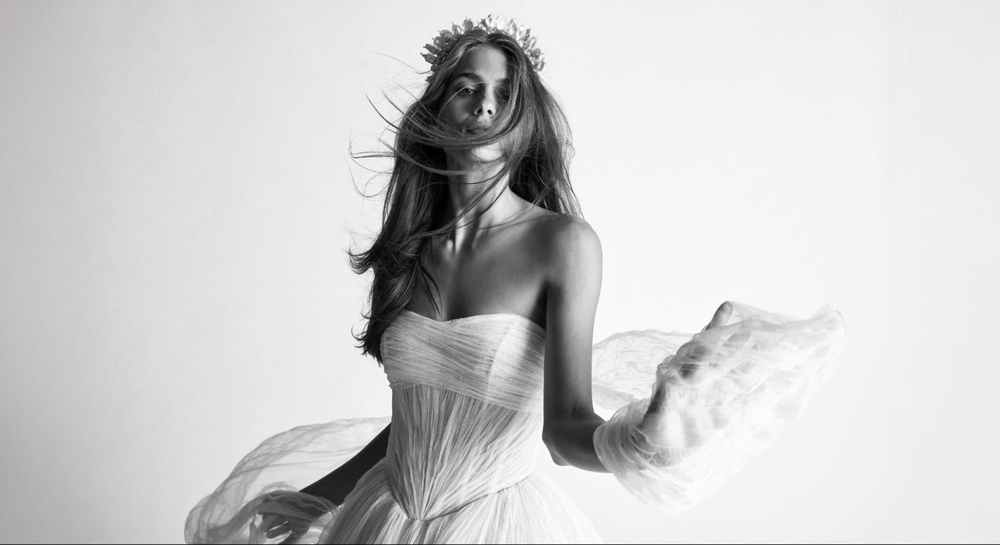 2026 bridal trends at SAYES Miami in Coral Gables — couture wedding gown featuring a modern basque waistline and clean architectural silhouette